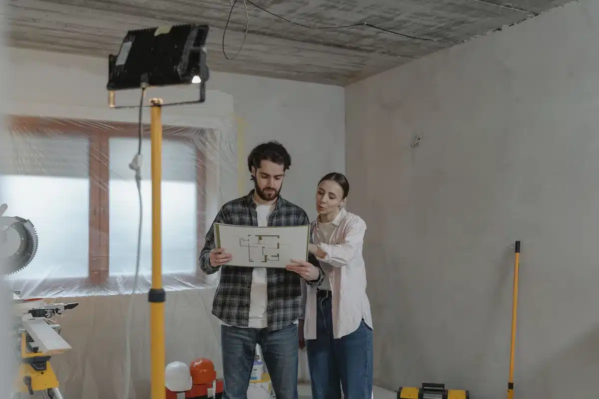 Plans de construction et mètre posés contre un mur d'intérieur d'habitation