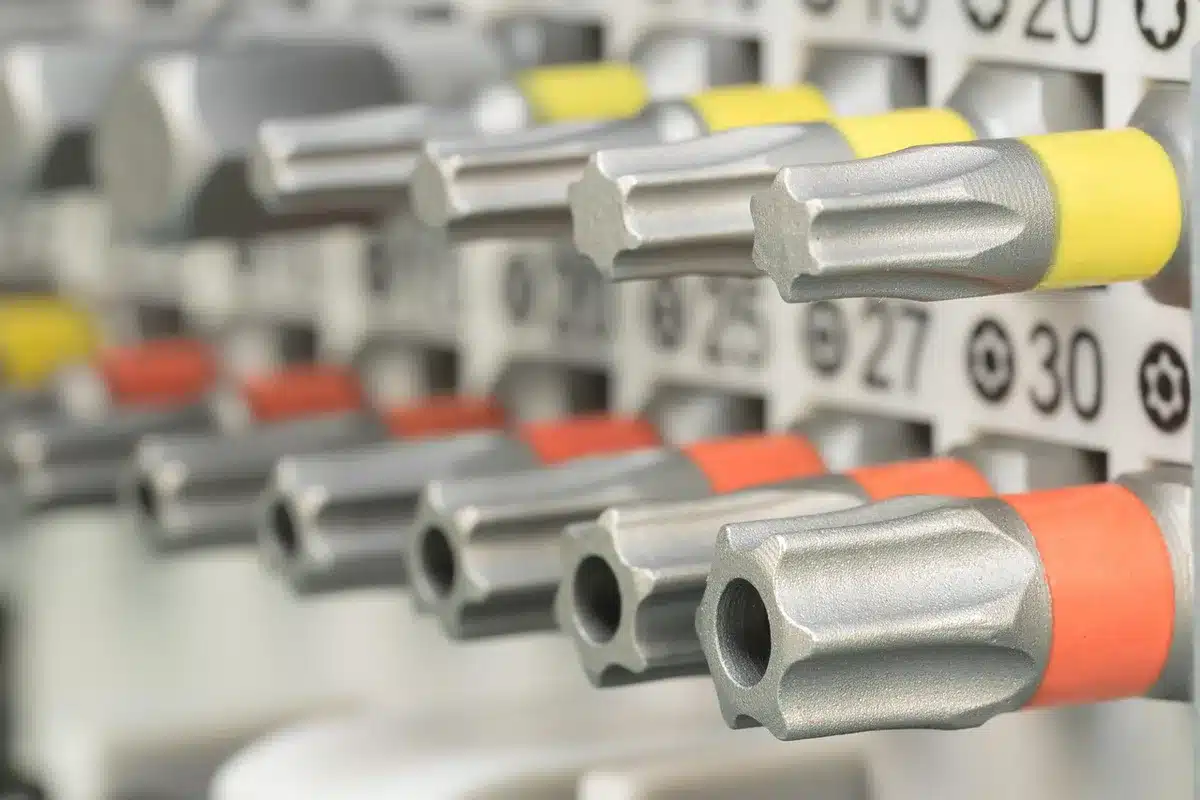 Embouts Torx et tournevis prêts à être essayés sur une vis abîmée