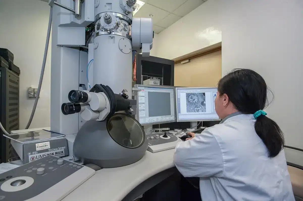 Chercheur au laboratoire observant des échantillons au microscope