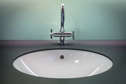 Brosse à dents et gratte-langue posés près d'un lavabo inondé de lumière du jour